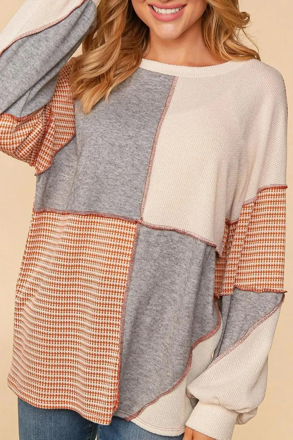 Trendy Exposed Seam Color Block Round Neck Top in Stretchy Polyester Blend