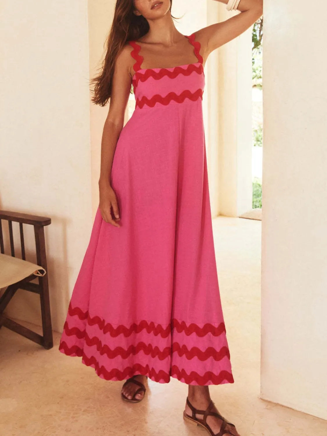 Contrast Trim Square Neck Maxi Cami Dress Pink Red