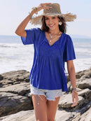 Lace Detail Tie Neck Short Sleeve Top for Women - 100% Viscose, Ruched Design, Imported - Store 42
