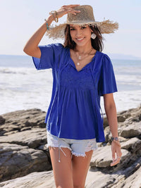 Lace Detail Tie Neck Short Sleeve Top for Women - 100% Viscose, Ruched Design, Imported - Store 42