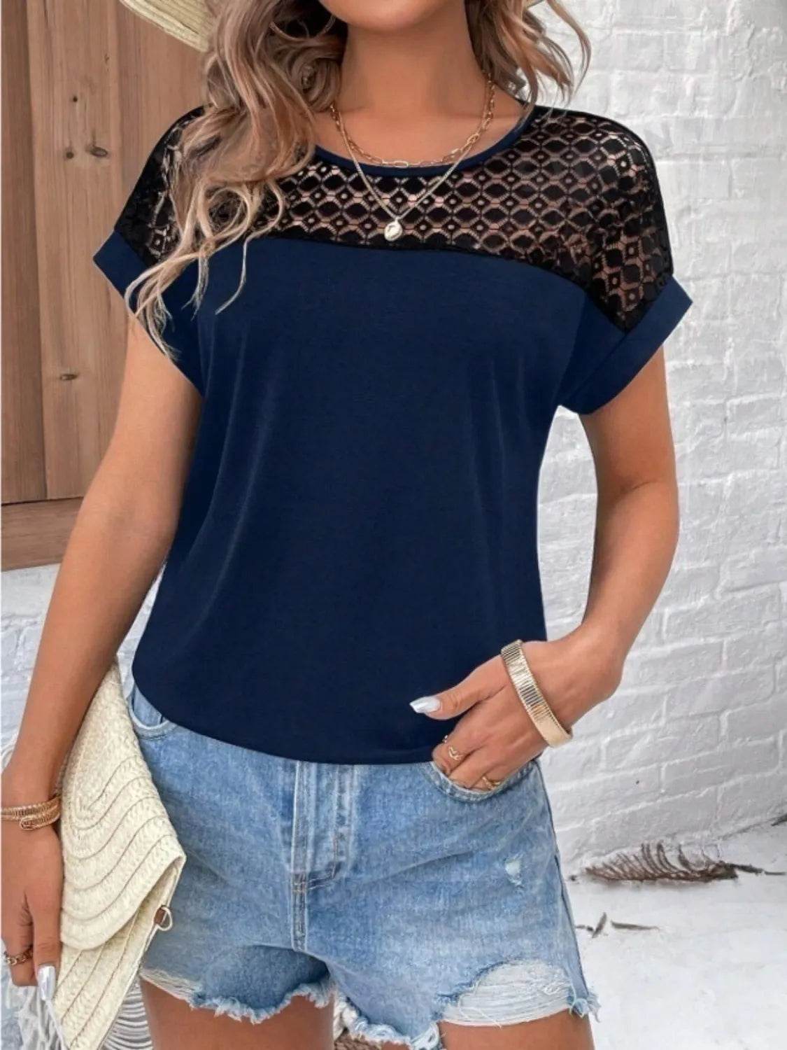 Lace Cutout Round Neck Short Sleeve T-Shirt for Women - 60% Polyester Casual Top - Store 42
