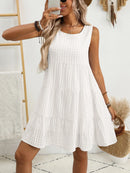 Plaid Round Neck Sleeveless Mini Dress White