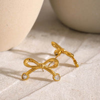 Elegant 18K Gold-Plated Stainless Steel Bow Earrings with Zircon Inlay - Lightweight Fashion Jewelry - Store 42