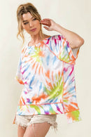 BiBi Tie Dye Print Jersey Top with Unique Uneven Hem - Casual Bohemian Style - Store 42