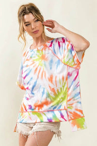 BiBi Tie Dye Print Jersey Top with Unique Uneven Hem - Casual Bohemian Style - Store 42