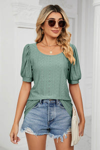 Trendsi Eyelet Puff Sleeve Top - Casual Solid Round Neck Design for Stylish Comfort - Store 42