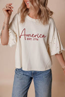 AMERICA EST 1776 Embroidered Pearl Beaded Sleeve T Shirt - Store 42