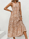 Perfee Frill Cutout Printed Round Neck Sleeveless Dress Camel
