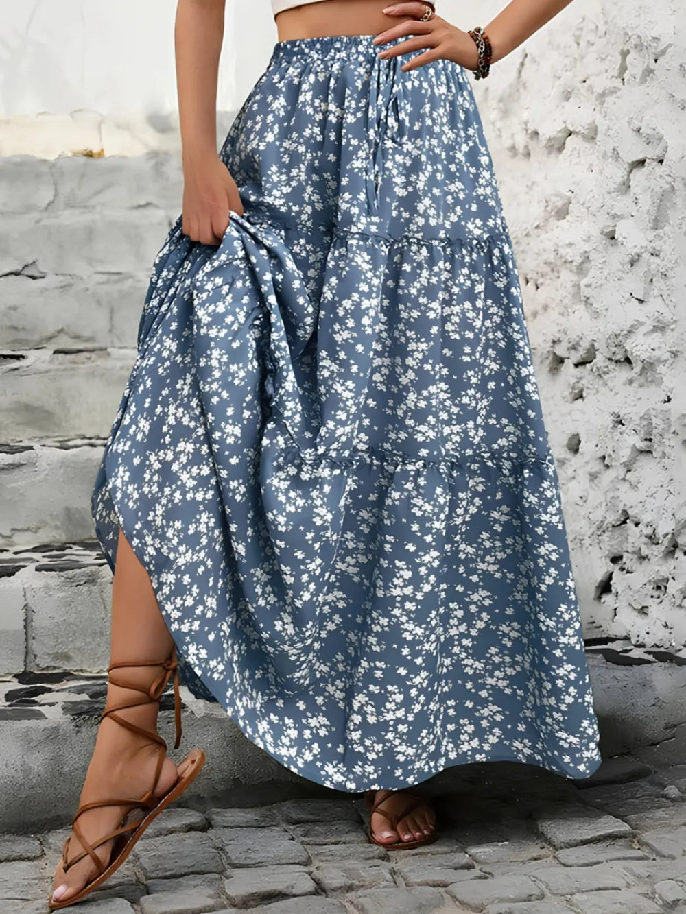 Floral Tiered Maxi Skirt - 100% Polyester, Opaque, Machine Washable, Trendy Summer Fashion