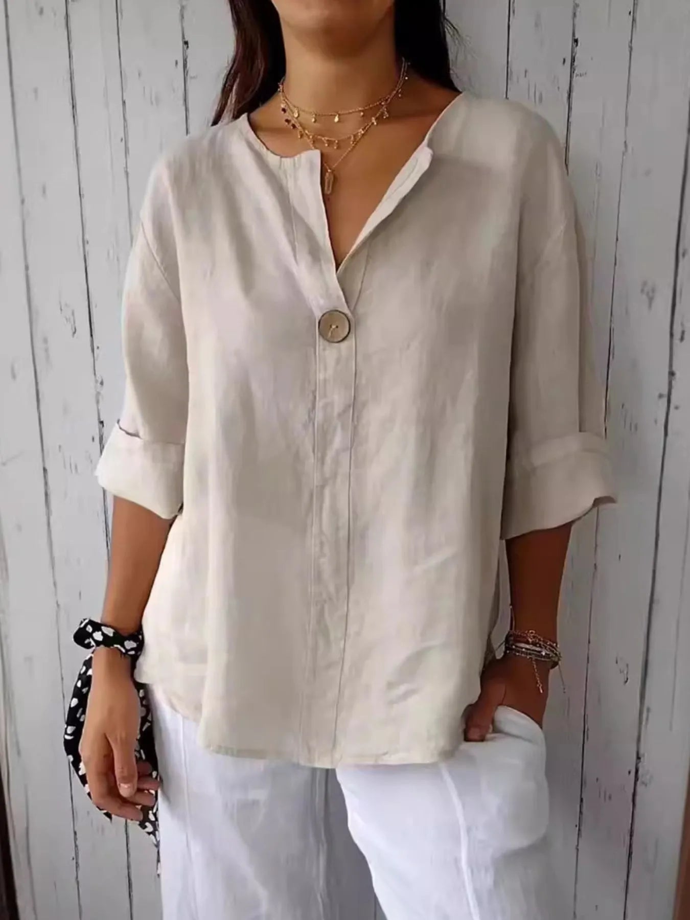 Plus Size Full Length Notched Linen Blend Blouse - Comfortable & Stylish 100% Polyester Top