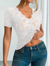 Sheer Lace V-Neck Short Sleeve Top for Women - Slightly Stretchy, Elegant Style - Store 42