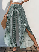Perfee Slit Ruffled Geometric Wide Leg Pants Air Force Blue