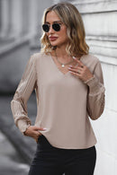 Perfee V-Neck Blouse with Pleated Lantern Sleeves, Opaque 100% Polyester, Smocked Detail - Store 42