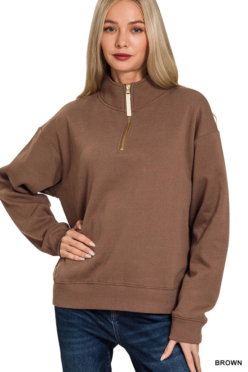 Zenana Oversized Brown Fleece Half Zip Sweatshirt with Gold Zipper and Ribbed Cuffs