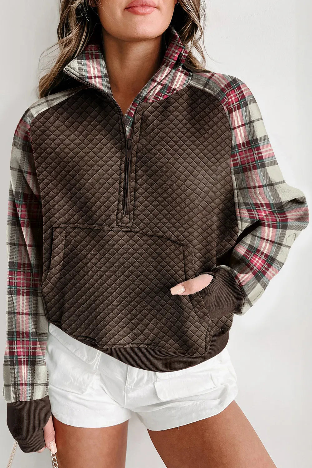 Plaid Half Zip Long Sleeve Sweatshirt with Pocket - Stylish and Slightly Stretchy Fabric