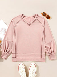 Exposed Seam Ribbed Knit V Neck Top