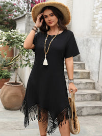 Plus Size Fringe Round Neck Short Sleeve Midi Tee Dress Black