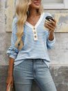 Striped V-Neck Button Front Casual Top Sky Blue