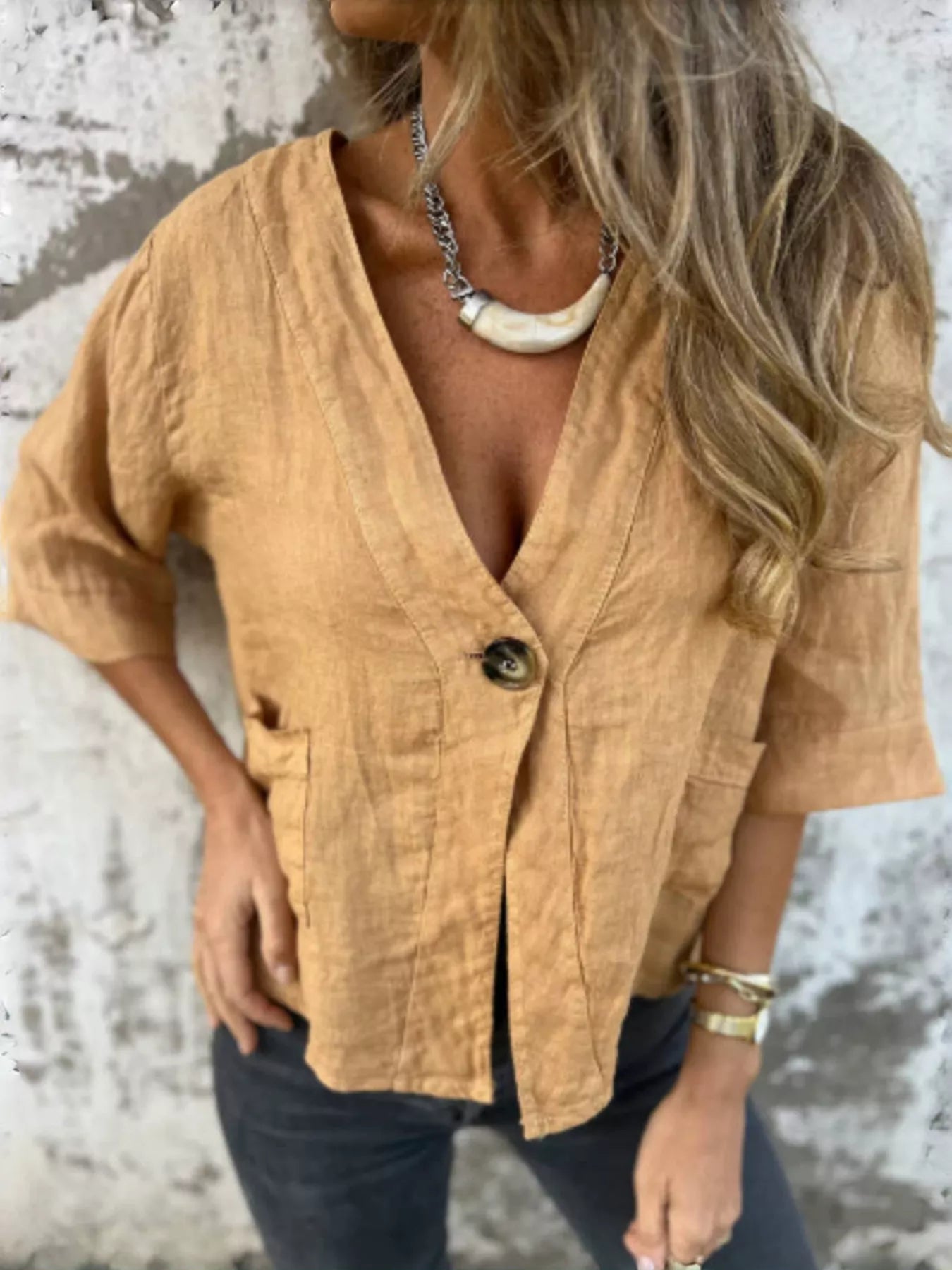 Plus Size One Button V-Neck Shirt in 100% Polyester - Classic and Comfortable Fit