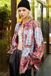 POL Plaid Patchwork Long Sleeve Shirt with Raw Edge Detail Scarlet