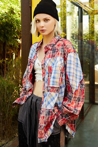 POL Plaid Patchwork Long Sleeve Shirt with Raw Edge Detail Scarlet