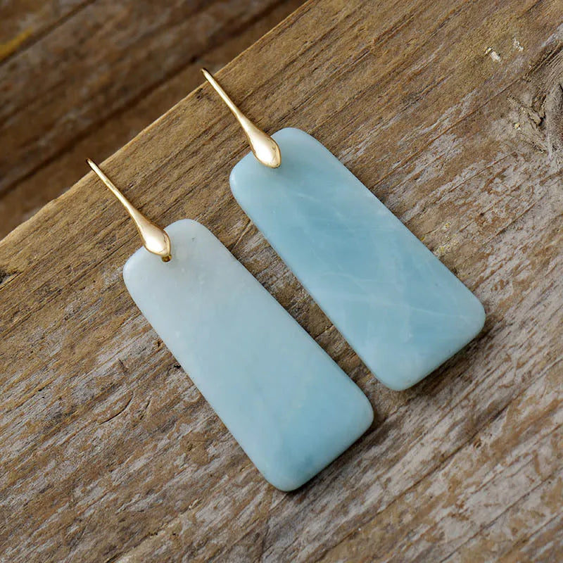 Elegant Natural Stone Geometric Earrings - Platinum & 18K Gold Plated Design, 2.2" Length