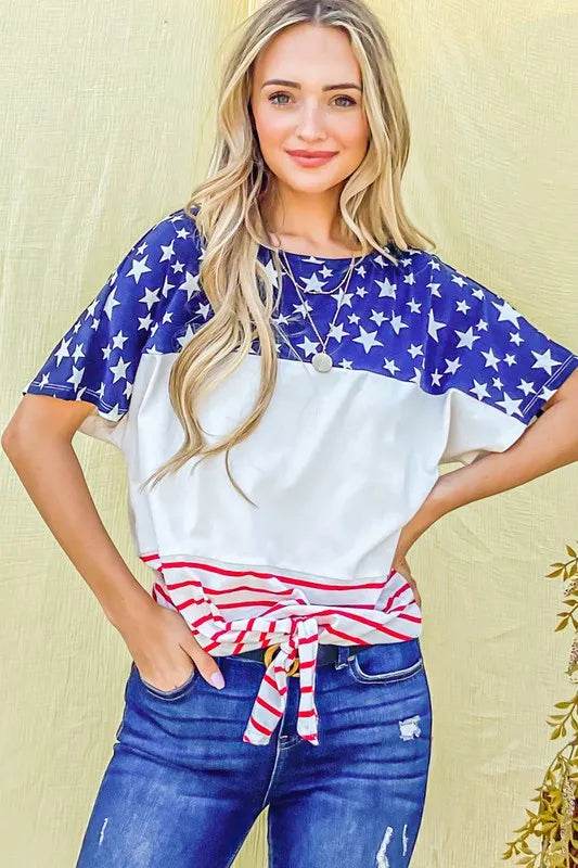 And The Why American Flag Print Tie Knot Front Casual Top - Store 42
