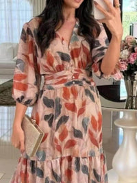 Full Size Printed V-Neck Maxi Dress with Tiered Hemline Plus Size - Store 42