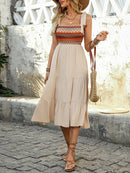 Tie Shoulder Square Neck Tiered Midi Dress