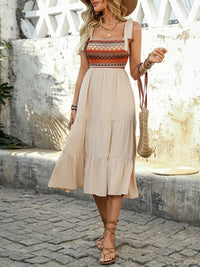 Tie Shoulder Square Neck Tiered Midi Dress