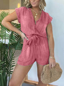 Full Size Tie Waist Cap Sleeve Denim Romper Plus Size - Store 42