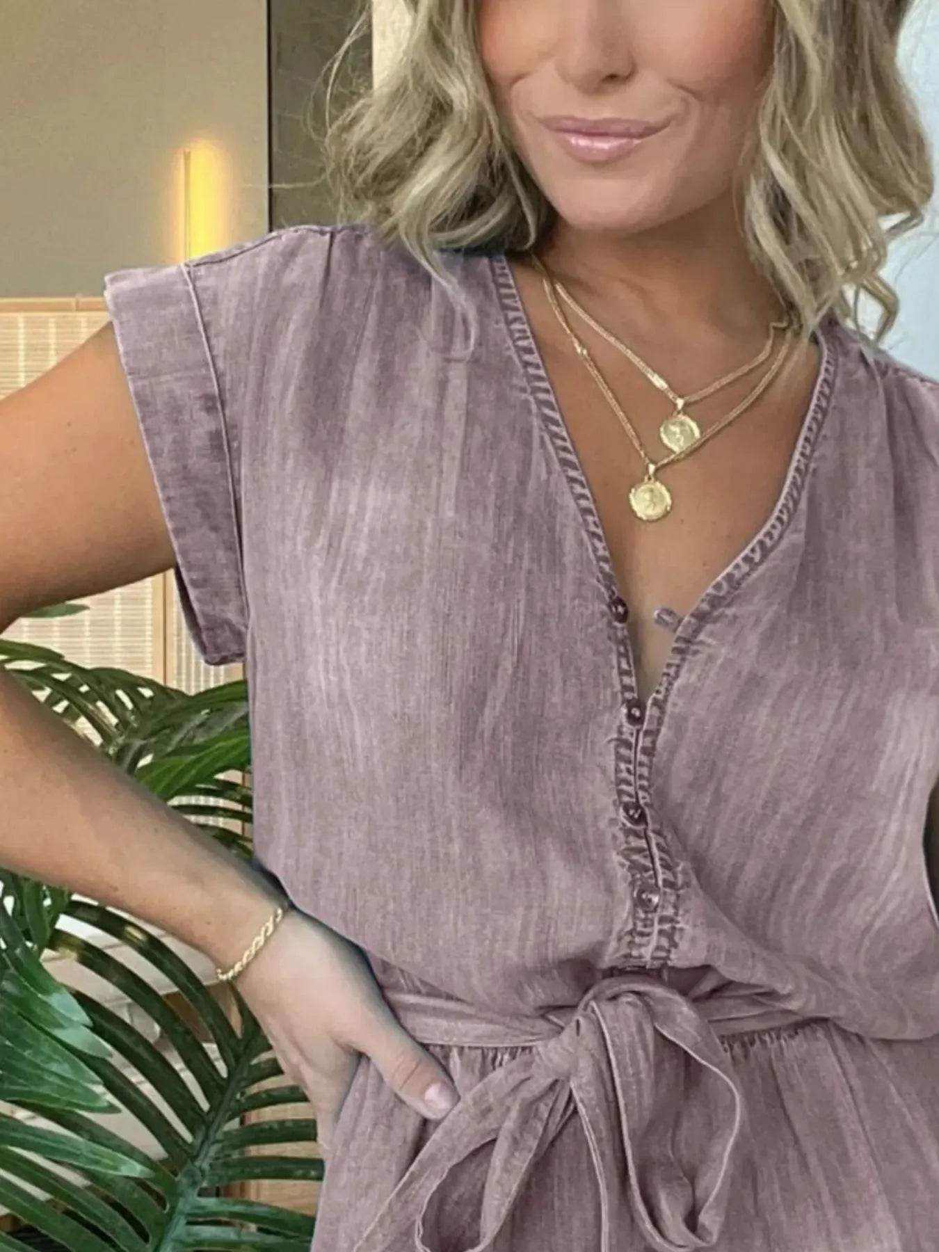 Full Size Tie Waist Cap Sleeve Denim Romper Plus Size - Store 42