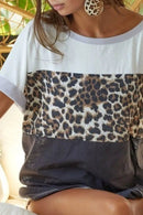 BiBi Leopard Printed Jersey Color Block Roll Up Top - Store 42