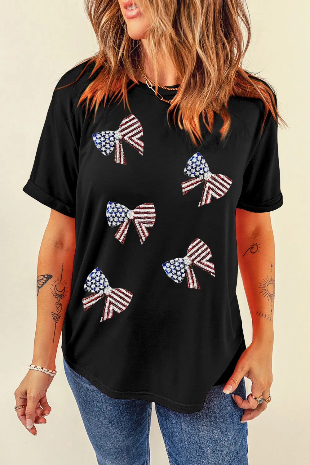 Sequin US Flag Round Neck Short Sleeve T-Shirt - Comfortable Opaque Fabric, Sizes S-2XL