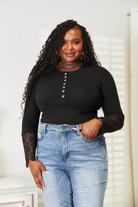 Lace Hem Sleeve Button Top - Stylish & Versatile Women's Opaque Blouse by Trendsi - Store 42