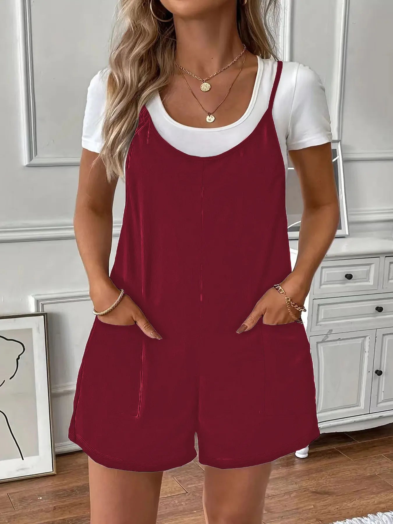 Full Size Scoop Neck Spaghetti Strap Overalls Plus Size Burgundy