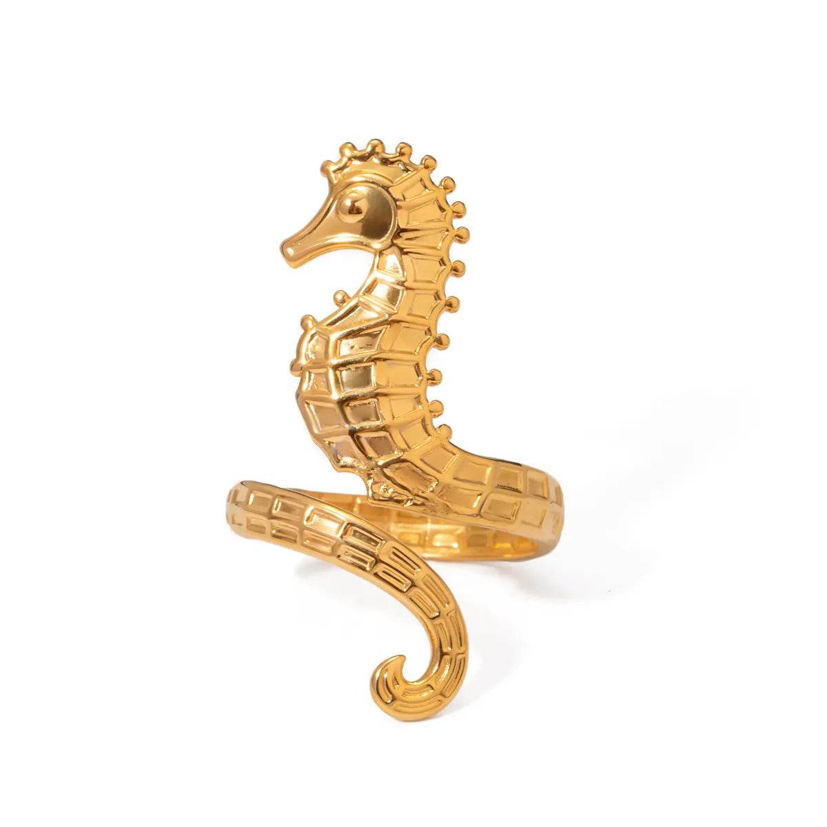 18K Gold-Plated Seahorse Wrap Adjustable Ring for Ocean Lovers - Unique Marine-Inspired Jewelry