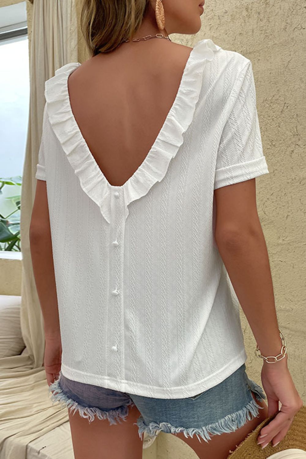 Perfee Casual Chic Ruffled Short Sleeve Blouse with Round Neck - Solid 100% Polyester Design