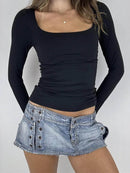 Fitted Long Sleeve T-Shirt with Square Neck - Stretchy Polyester Blend - Trendsi - Store 42