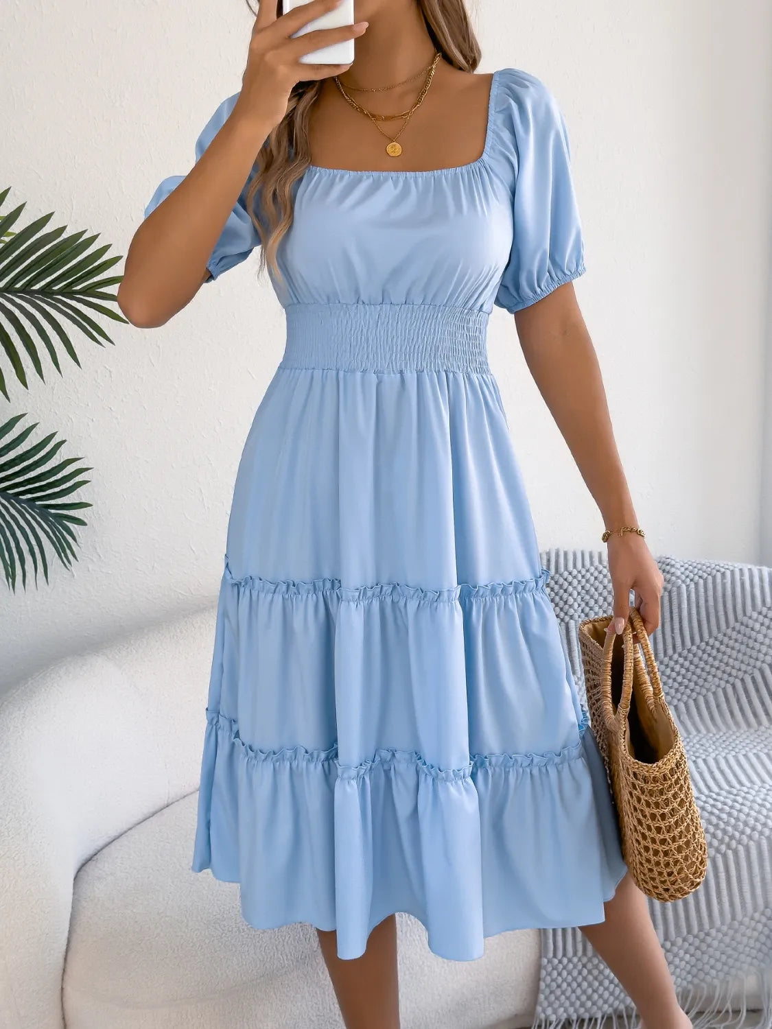 Chic Square Neck Short Puff Sleeve Dress with Smocked Tiered Design – 95% Polyester Blend