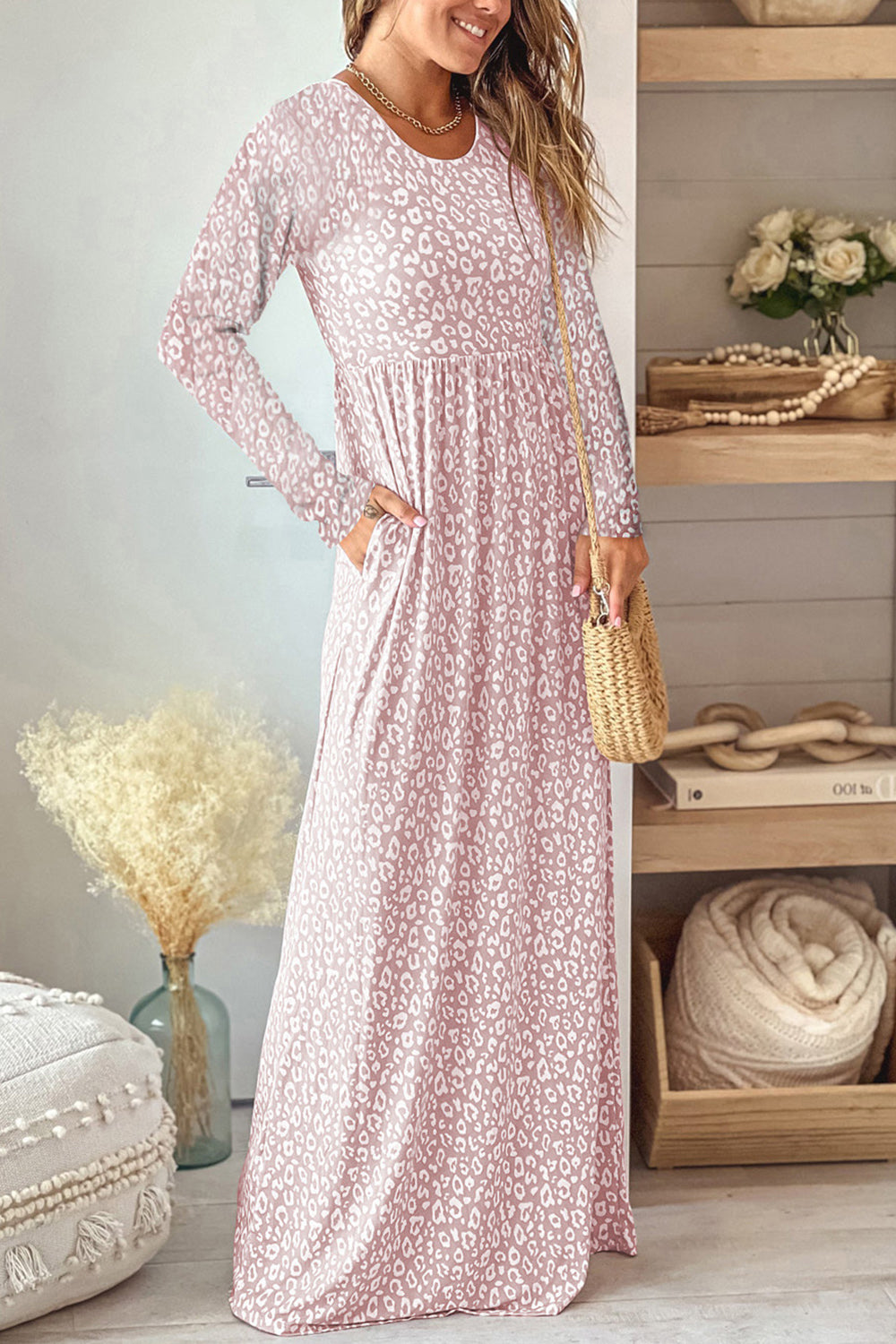 Leopard Print Pocketed Long Sleeve Maxi Dress - Opaque, Slightly Stretchy, Not Lined