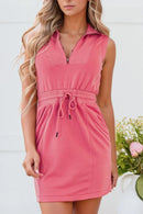 French Terry Zipped Collar Sleeveless Drawstring Waist Mini Dress