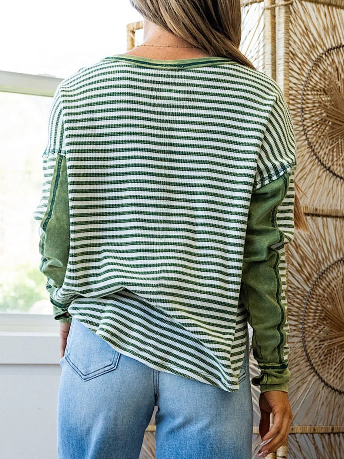 Trendy Striped Round Neck Long Sleeve Sweatshirt with Exposed Seams - Slightly Stretchy Fabric
