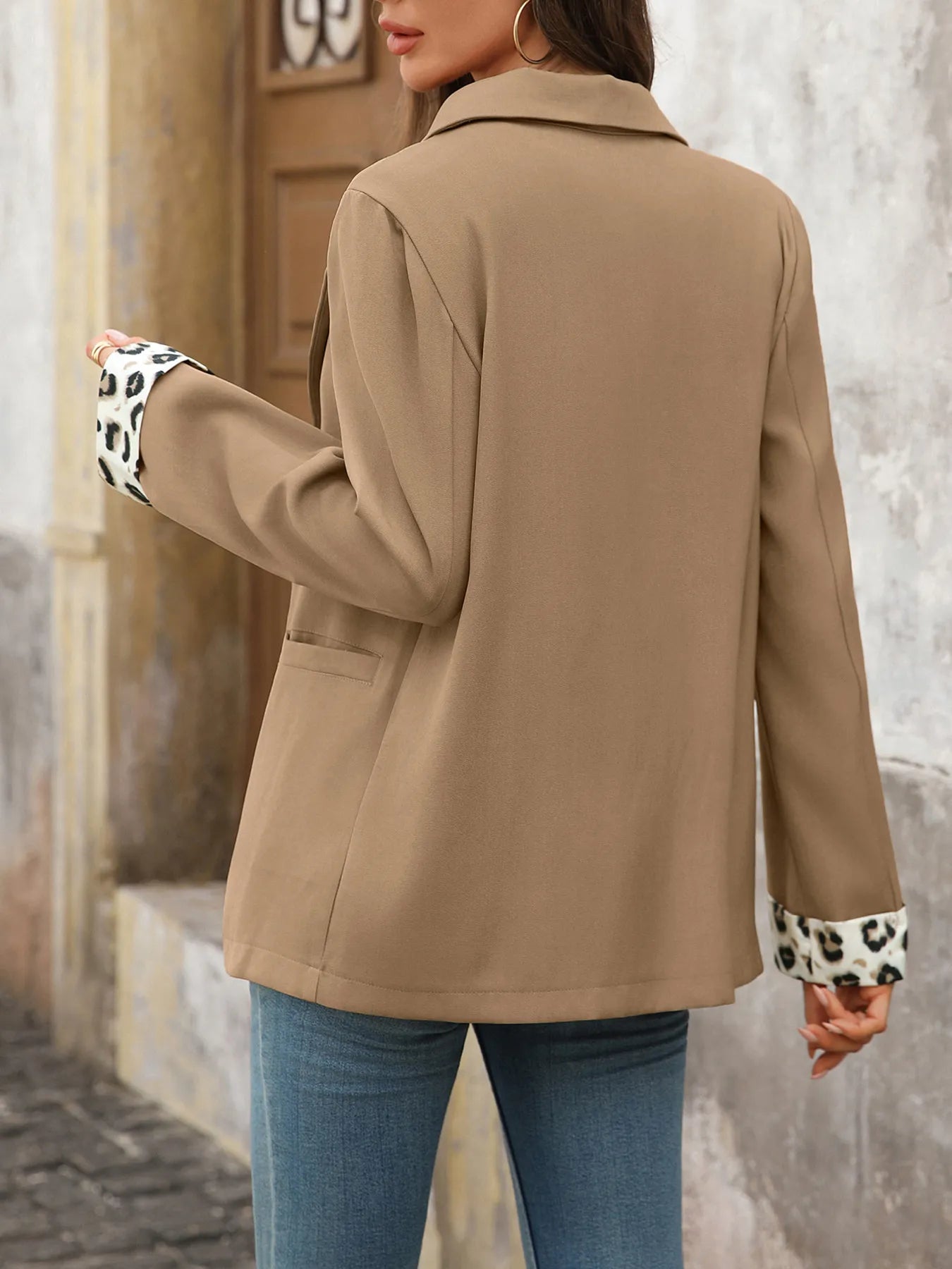 Lapel Collar Leopard Cuff Long Sleeve Blazer