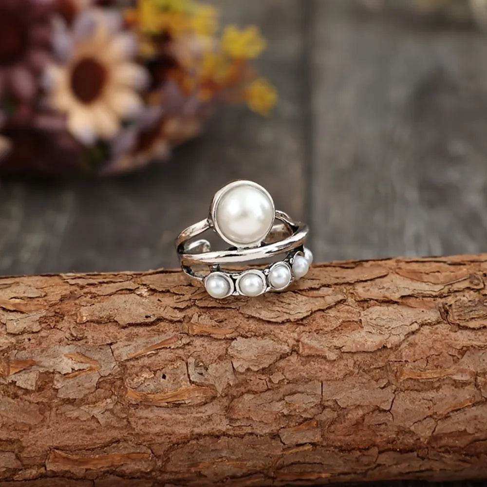 Elegant Alloy Three-Layer Open Ring with Synthetic Pearl and Rhinestones - Store 42