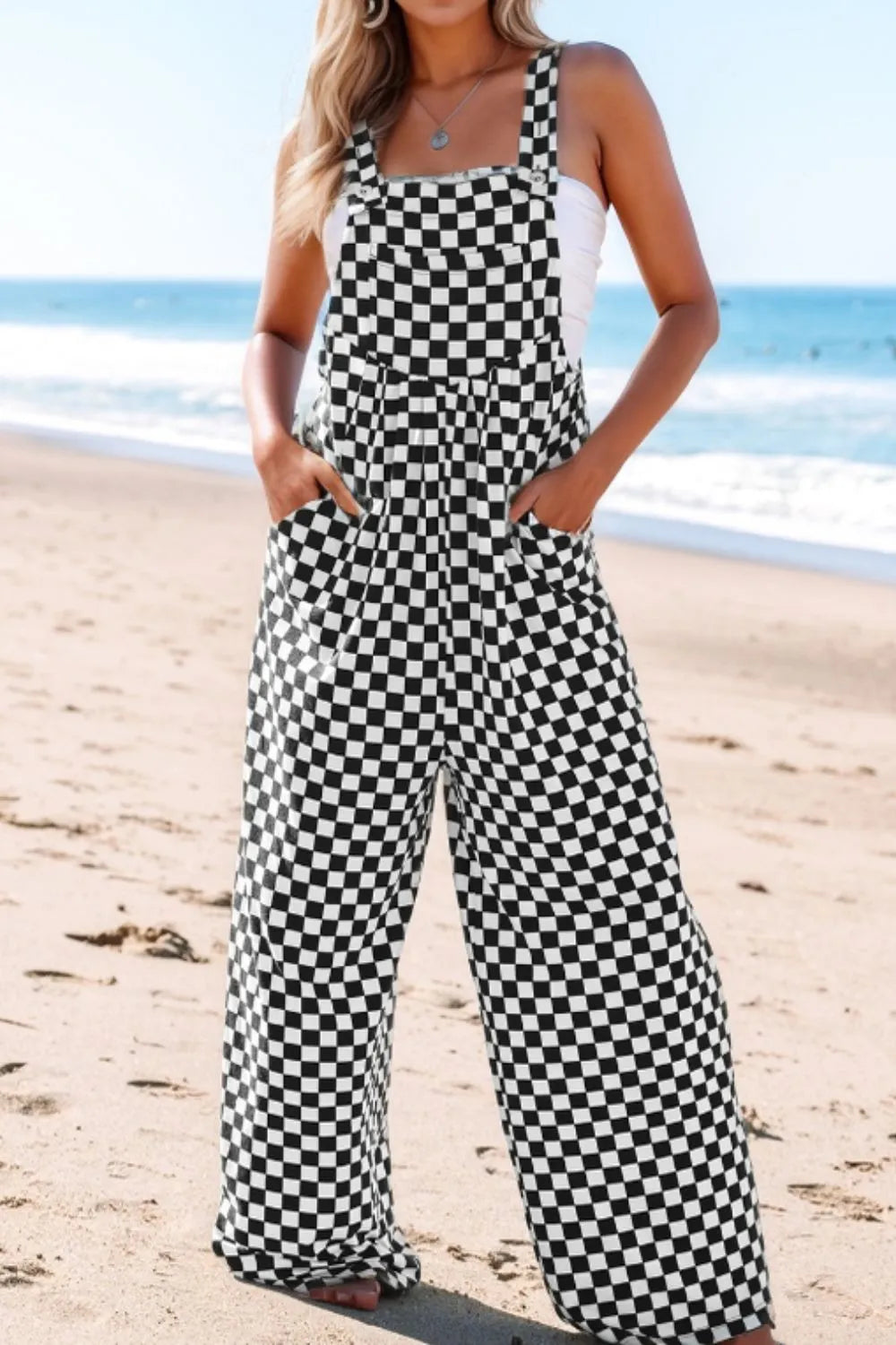 Trendy Checkered Wide Leg Jumpsuit With Pockets - Comfortable & Stylish S-XL