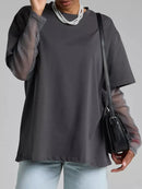 Faux Layered Round Neck Mesh Sleeve Top Dark Gray
