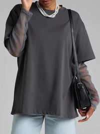 Faux Layered Round Neck Mesh Sleeve Top Dark Gray