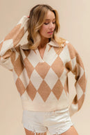 BiBi Diamond Pattern Collared Notch Neck Sweater