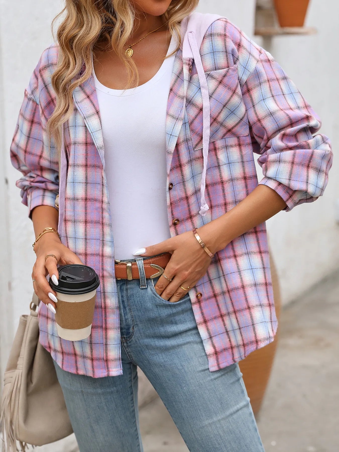 Oversized Plaid Button-Up Hooded Shirt with Pockets - Stylish & Comfortable
